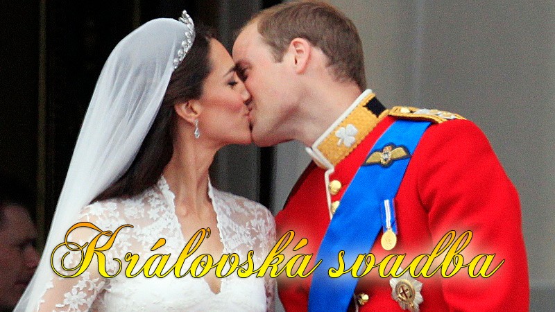 Princ William a Kate, bozk, s nápisom kráľovská svadba